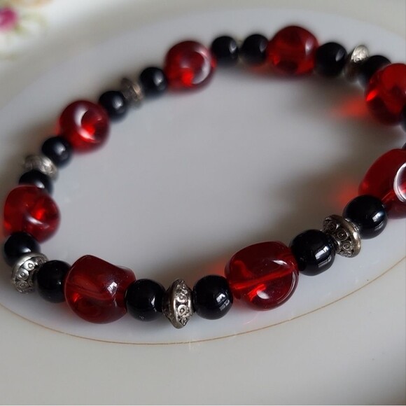 Handmade Red, Black, Silver Bracelet - Picture 9 of 12